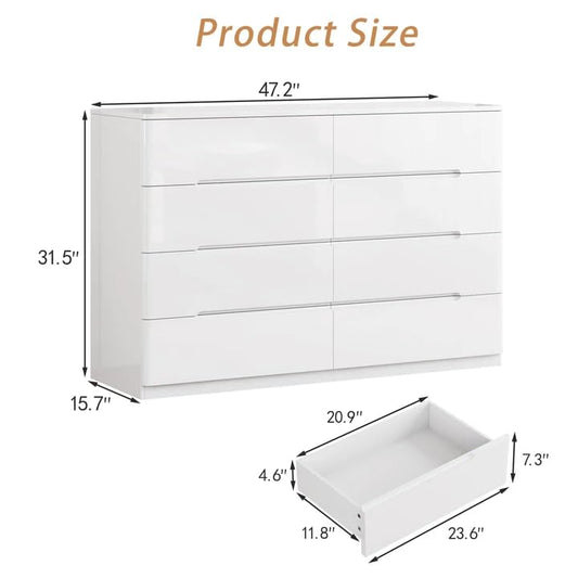 High Gloss Dresser for Bedroom, 47.2" Wide 8 Drawer Dresser, White | Modern Dresser Chest of Drawers, Handle-less Design, High Gloss Panel, Dresser TV Stand, Wooden Dressers for Bedroom, Closet - color: White, size: 15.7"D x 47.2"W x 31.5"H (8 Drawers)