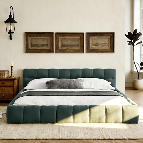 Chenille Fabric Upholstered Platform Bed Frame with Soft Headboard, Modern Low Profile Grounded Design, No Box Spring Needed, Sturdy MDF & Wood Frame, Neutral Style (Blue green, Queen (U.S. Standard)) - color: Blue Green, size: Queen (U.S. Standard)