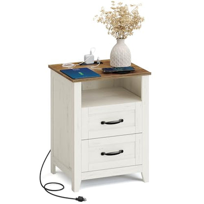 VASAGLE LIRY Collection - Farmhouse Nightstand with Charging Station, Bedside Table, Side Table with 2 Drawers, Open Compartment, for Bedroom, Rustic White and Honey Brown ULET669W01 - color: Rustic White + Honey Brown, size: 1 PACK, style: 17.7"W x 23.6"