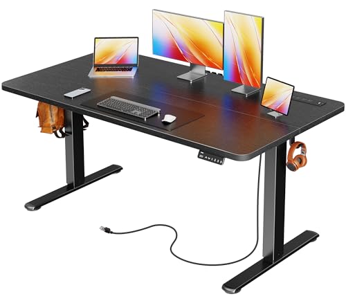Huuger 전원 콘센트 및 USB-C 포트가 있는 전기 스탠딩 데스크, 139.9 x 61cm(55 x 24인치) 높이 조절 가능한 책상, 홈 오피스, 컴퓨터 및 게이밍 책상용 앉은 스탠드 데스크, 4개의 프리셋, 안정적인 스틸 프레임, 블랙 - color: 블랙., size: 55.1 x 23.6 inch