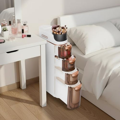 4 Tiers Slim Bathroom Storage Cabinet, Narrow Plastic Rolling Cart Organizer with Drawers, Mobile Storage Organizer with Tissue Box and Removable Dividers for Small Spaces, Bathroom, Bedroom, Kitchen