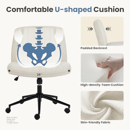 DUMOS Criss Cross Chair with Wheels, Wide Cross Legged Office Desk Vanity Chairs, Armless Height Adjustable Swivel Chairs for Home Computer Task, Fabric, Beige Wheel - color: Beige Wheel