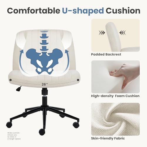 DUMOS Criss Cross Chair with Wheels, Wide Cross Legged Office Desk Vanity Chairs, Armless Height Adjustable Swivel Chairs for Home Computer Task, Fabric, Beige Wheel - color: Beige Wheel
