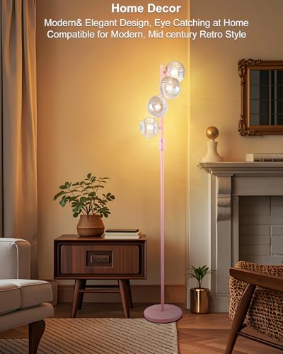 Lightdot 64IN Dimmable Floor Lamp with Globe Clear Glass Shade, Modern Pink Standing Lamps with 4PCS 3000K Bulbs Included,LED Floor Lamp with 5Lbs Heavy Base for Living Room Bedroom//Sofa Beside - color: 4 Clear Globe-Pink
