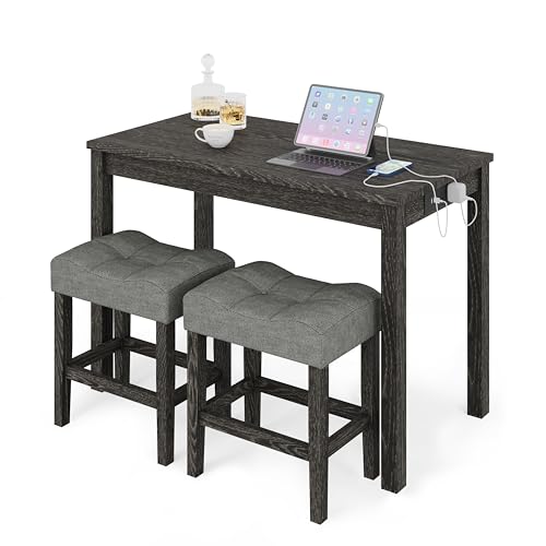 allamazing 3-Piece Counter Height Bar Table Set with Socket and 2 Fabric Padded Bar Stools, Tall Kitchen Breakfast Dining Table Set with Stools (1+2 Black) - color: 1+2 Black