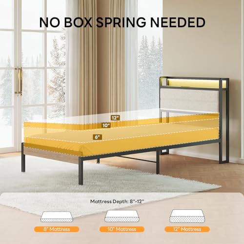 LIKIMIO Twin XL Bed Frame with Headboard, LED Lights and Charging Station | Upholstered sherpa storage headboard with LED & charger; heavy-duty slats; noise-free; modern elegance; natural and cream - color: Natural and Cream, size: Twin XL