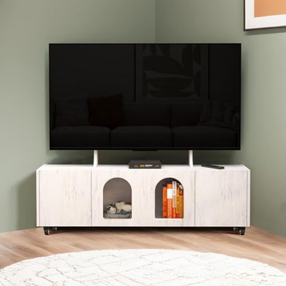 Pmnianhua Mobile Corner TV Stand on Wheels for 60" TVs,48" Portable TV Media Console with TV Mount Stand Shelf and 4 Cabinets,Corner Entertainment Center with Storage Shelves for Living Room(white)