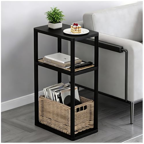 YGYQZ Rattan End Table, 3-Tier Narrow Side Table with Storage, Black | Space-Saving Design, Slim Storage, Sturdy Construction, Modern Style, Ideal for Living Rooms & Bedrooms - color: Narrow-black