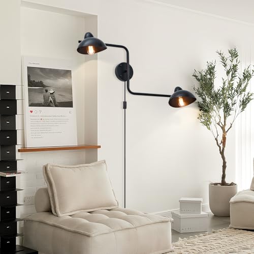 Adjustable Black Swing Arm Wall Sconce, 2-Light Plug in Wall Lamps with ON/Off, Rotatable Metal Dome Shades Wall Mount Lighting Fixture for Living Room Bedroom Study - color: Black-B 2-Lights