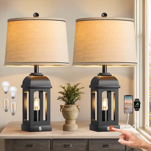 QiMH Table Lamp for Living Room, Farmhouse Lamps Set of 2 with USB A+C and Nightlight, 26" Rustic Bedside Lamps with 3-Way Dimmable Touch Control, Nightstand Lamp for Bedroom Decor, Black - color: Black, size: Set of 2