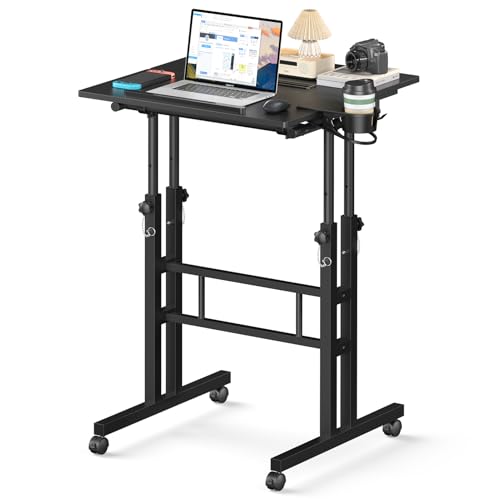 Enayplon Small Standing Desk with Wheels, Mobile Stand Up Desk, Portable Standing Table on Wheels for Walking Pad, Rolling Computer Desk Adjustable Height, Tall Table - color: Black