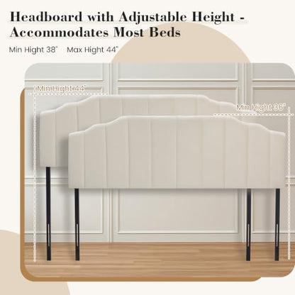 Upholstered Headboard Adjustable Height Queen/King Headboard Cream Velvet Tufted Modern Vertical Channel Design with Stepped Silhouette Top Edge(Beige Queen) - color: Beige, size: Queen