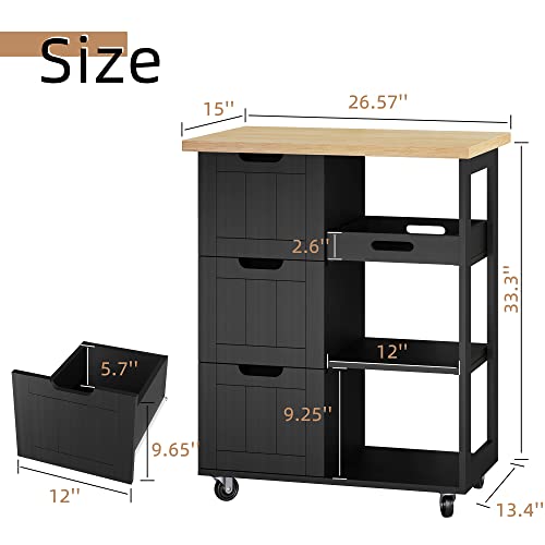 Shintenchi Kitchen Island Cart with Storage,Rolling Kitchen Island Storage Cabinet,Side Table on Wheels with Worktop,3 Open Shelves and 3 Drawers for Kitchen,Dinning Room, Black - color: Black-26inch