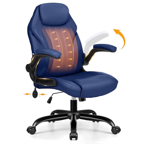 Ylzyxal Office Desk Chair, Ergonomic Computer Chair with Padded Flip-Up Arms and Adjustable Lumbar Support, PU Leather Executive Chair with Tilt Lock and 360° Swivel Rolling Wheels for Work, Study - color: Blue