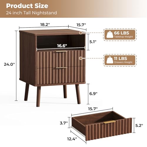EAG Mid Century Modern Nightstand, Bedside Table with 2 Drawers, Walnut | Fluted Nightstand with Open Storage Shelf & Solid Wood Legs, Wooden End Table for Bedroom, Sofa Home Office - color: Walnut, size: 18" W