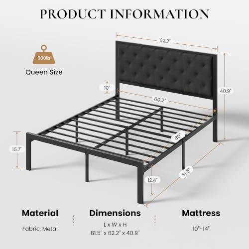 SHA CERLIN Queen Size Metal Bed Frame and Linen Tufted Headboard, Dark Gray | Modern Design Heavy-Duty Platform Bed, No Box Spring Need, Linen Fabric Upholstery, Noise Free, Easy Assembly - color: Dark Grey, size: Queen