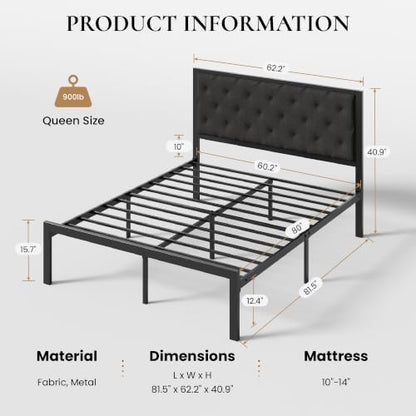 SHA CERLIN Queen Size Metal Bed Frame and Linen Tufted Headboard, Dark Gray | Modern Design Heavy-Duty Platform Bed, No Box Spring Need, Linen Fabric Upholstery, Noise Free, Easy Assembly - color: Dark Grey, size: Queen