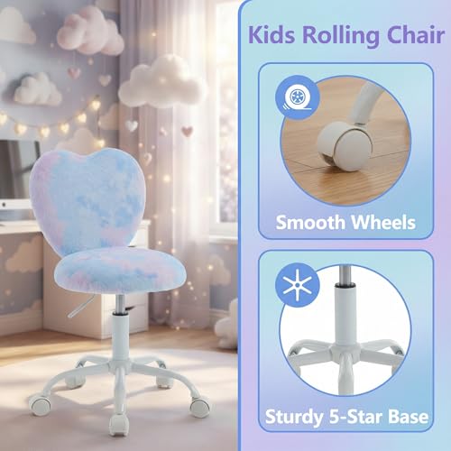 chairus Kids Desk Chair Faux Fur Study Chair for Teenage Girls, Adjustable Heart Shaped Kids Vanity Chair for Bedroom Reading Living Room, Small Cute Student Task Chair with White Foot, Baby Blue - color: Baby Blue