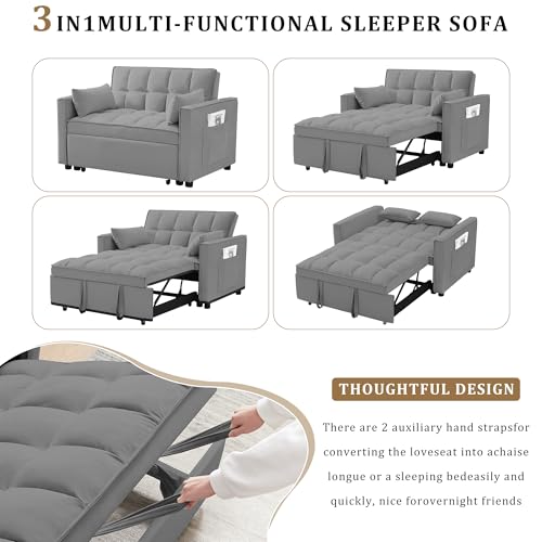 55" Pull Out Sleeper Sofa, Velvet Loveseat with Side Pockets, Grey | Velvet upholstery, 5-level adjustable back, Pull-out bed design, Sturdy frame with side pockets - color: Grey