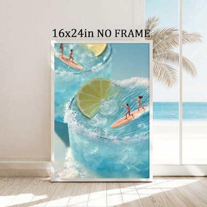 Trendy Cocktail Wall Art Cute Summer Paintings Blue Sea Picture Surfing Girl Poster Lemon Cocktail Art Ocean Wave Artwork Preppy Aesthetic Pictures Coastal Cowgirl Poster for Bedroom 16x24in Frameless - color: H1Unframed