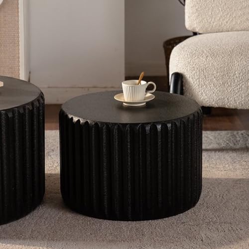 46.46'' White Round Coffee Table Set of 2, Modern Circle Fluted Drum Nesting Elegnant Coffee Table for Living Room, No Assembly, Black - color: M5-46.46in-black