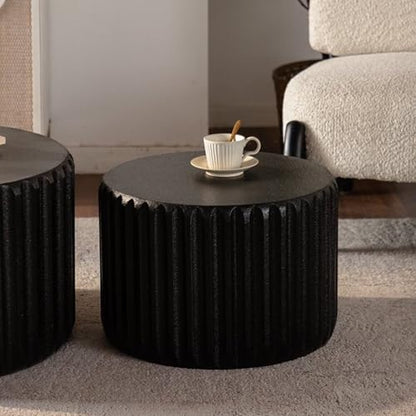 46.46'' White Round Coffee Table Set of 2, Modern Circle Fluted Drum Nesting Elegnant Coffee Table for Living Room, No Assembly, Black - color: M5-46.46in-black