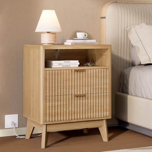 LYNCOHOME Fluted Nightstand with Charging Station, 19.7 inch Wide End Table with 2 Drawers, Modern Wood Bedside Table for Bedroom,Natural,1 Pcs - color: Natural, size: 15"D x 19.7"W x 25.5"H（2 Drawers）