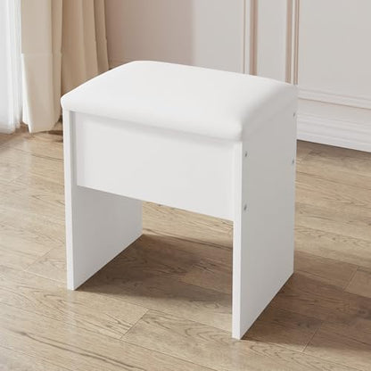 LIVELYGLOW Small Makeup Vanity Stool,15.7" W x 10.2" D x 16.7" H，White（Easy Assembly,PU Cushion Mat, Footstool） - color: Pure White