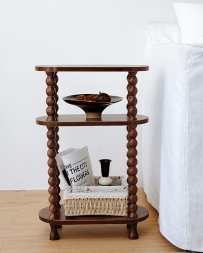 3-Tier Narrow Side Table, Slim End Table for Small Spaces | Skinny wooden side table with shelf storage. Ideal as living room accent or bedroom nightstand.Easy assembly, space-saving - color: Walnut