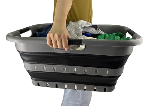 SAMMART Collapsible 3 Handled Plastic Laundry Basket - Foldable Pop Up Storage Container/Organizer - Portable Basket - Space Saving Hamper/Basket (Grey/Black, 3 handled rectangular) - color: Grey/Black