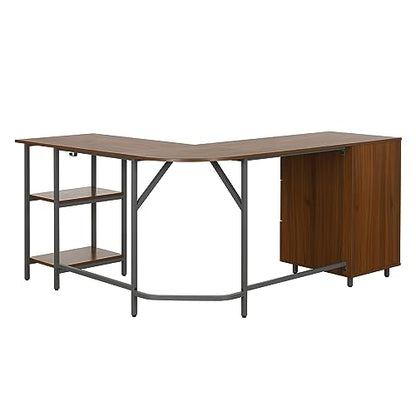 Techni Mobili L Shaped Desk - Two-Toned Computer Desks for Home Office with Storage Shelves & Cabinet - Simple Modern Furniture & Office Space Corner Table for Work & Writing - Grey & Walnut | 59" two‑tone L‑shaped desk with storage shelves, durable frame