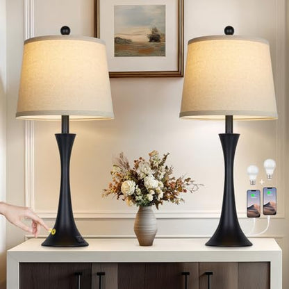 Rinweey 27.5" Table Lamps Set of 2, Touch Bedside Lamps with USB C+A Ports, 3 Way Dimmable Nightstand Lamps for Bedroom, Living Room, Office, Black Lamp with Beige Lampshade, Bulbs Included - color: Black