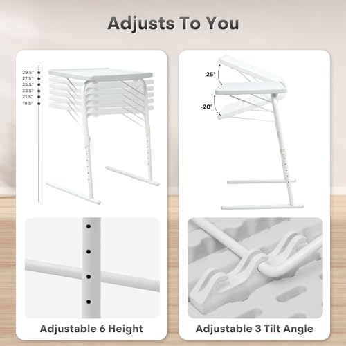 Athena Collection Adjustable TV Tray Table, White | Small Folding Table, 6 Adjustable Height & 3 Level Tilting Tabletop Laptop Desk for Living Room Small Space on Couch Sofa Bed - color: White