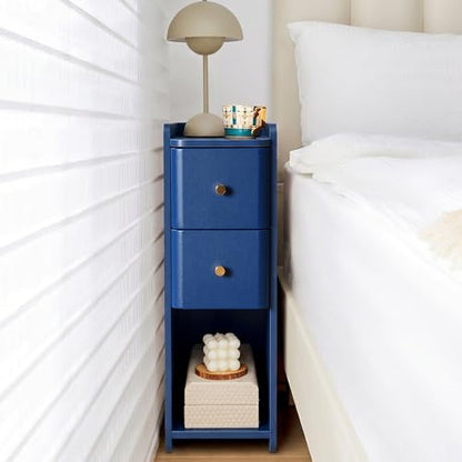 Narrow Nightstand Set of 2, Wooden Small 2 Drawer Nightstand, Slim Side End Table, Skinny Bedside Table, Mid Century Modern Night Stand with Drawers for Bedroom (Blue-1 pc) - color: Blue-1 Pc