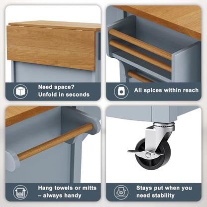 52" Kitchen Island with Storage, Wheels & Drop Leaf, Adjustable Shelf | Oak Top, White Retro Kitchen Cart on Casters, 2 Cabinets, 5 Drawers, Spice Rack, Towel Bar, Durable, Easy Assembly - color: Dusty Blue