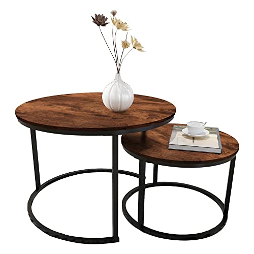 HOMERECOMMEND Round Coffee Table Set of 2 for Living Room,Rustic Brown | Modern Nesting Side End Table,Round Wooden Table with Solid Powder-Coated Metal Frame,round nesting coffee table set of 2 - color: Brown