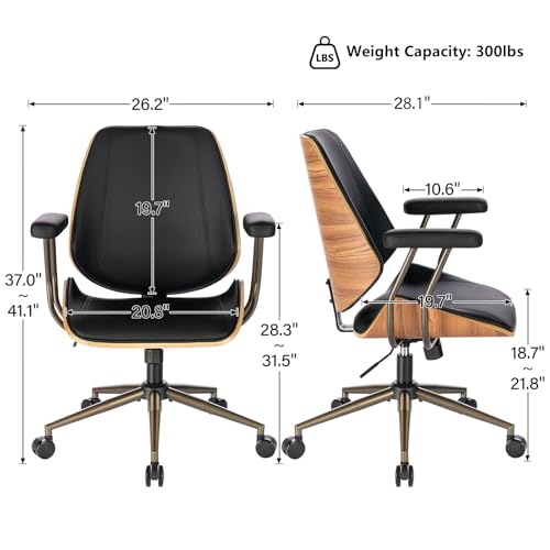 Modern Mid Back Office Chair, Adjustable Swivel Desk Chair with Arms, Black | Faux leather seat, wood accent detail, mid-back with padded armrests, adjustable swivel, for home office, bedroom & study - color: Black, size: 1-Piece Back / No Headrest