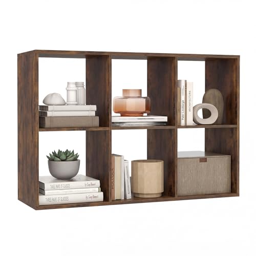 GIANTEX 6-Cube Bookcase, Cubby Bookshelf w/Back Guardrail & Anti-Tipping Kits, 9-Tier Freestanding Storage Organizer with Shelves, Open Back Display Rack for Living Room, Bedroom, Study, Rustic Brown - color: Rustic Brown, size: 6-Cube