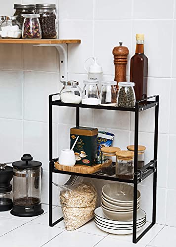 Shantton 2pk Kitchen Cabinet Shelf Counter Organizer Rack Pantry Storage Bathroom Bedroom Office Table Desk Space Saving Steel Frame Stackable Rust Resistant Non Slip Black-Tall-L13in W8.3in H9.5in | 2-Pack Stackable Metal Riser Holds 40LBS with Non-Slip