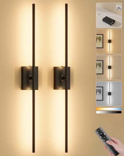 Battery Operated Wall Sconces Set of 2, 10000mAh Wireless Rechargeable 3000-6000K Dimmable 350° Rotate Wall Light with Remote for Living Room, Bedroom 27.6in Black - color: Black, size: 27.6in-Square Base