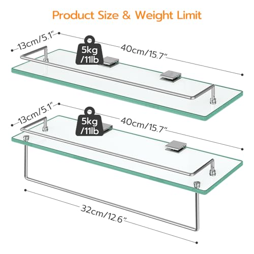 HOOBRO Glass Shelves for Bathroom, 15.7 Inch Floating Glass Shelf for Wall, Set of 2 Tempered Stainless Steel Wall Mounted Stand for Toilet, Room Decor, Silver SV02BJ01