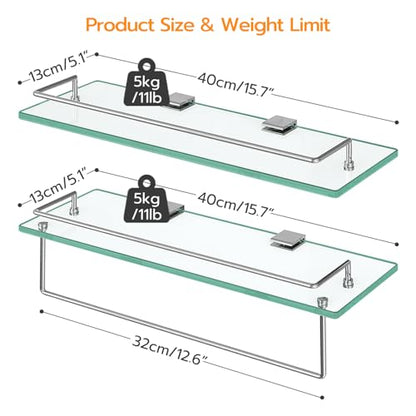 HOOBRO Glass Shelves for Bathroom, 15.7 Inch Floating Glass Shelf for Wall, Set of 2 Tempered Stainless Steel Wall Mounted Stand for Toilet, Room Decor, Silver SV02BJ01