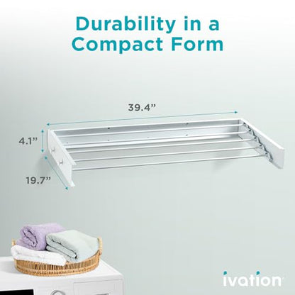 Ivation Retractable Wall Mounted Clothes Drying Rack, 40" Foldable Laundry Drying Rack for Clothing | Collapsible Space-Saving Design & 5 Rods | Easy Installation with Hardware & Wall Template (White) - size: 40 Inch