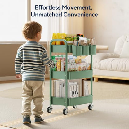 3-Tier Rolling Cart, Green, 66 Pounds Capacity, Mesh Storage Organizer with Lockable Wheels, 3 Hanging Cups, 4 Hooks, Easy Assembly, for Kitchen, Bathroom, Laundry, Grocery | Sturdy Rolling Storage Cart With Hooks & Hanging Cups, Great For Craft, Art Work