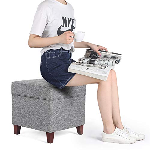 Linen Storage Ottoman with Wooden Legs, 17" Square Upholstered Flip-Top Footrest Stool, Extra Seat or Coffee Table for Living Room, Bedroom, Entryway, Grey - color: Grey