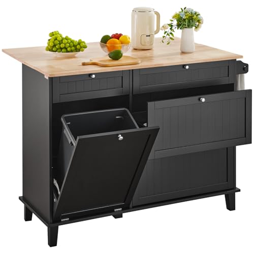 VEVOR Kitchen Island Cart, 50" Wood Top Breakfast Bar with Trash Cabinet Tilt Out 10 Gallon Storage, Farmhouse Dining Living Room Table with Drop Leaf, Towel Bar, Drawer, Black - color: Black