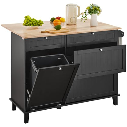 VEVOR Kitchen Island Cart, 50" Wood Top Breakfast Bar with Trash Cabinet Tilt Out 10 Gallon Storage, Farmhouse Dining Living Room Table with Drop Leaf, Towel Bar, Drawer, Black - color: Black
