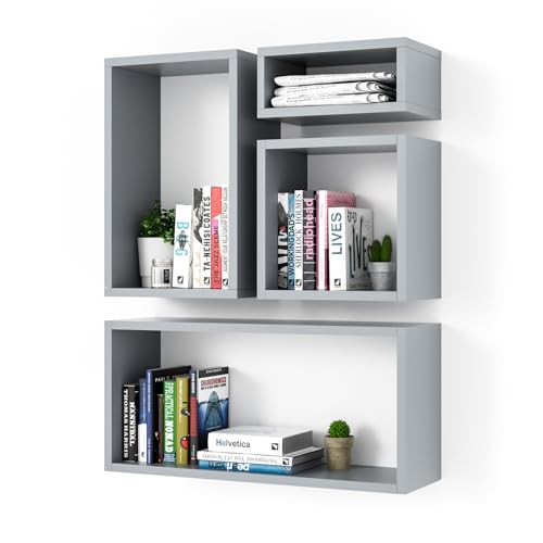 Wall Mount Shelf Set of 4, Floating Cube Shelves for Space Discovery Home and Commercial Use, Large Size Shelves Set, Grey - color: Grey, size: Set4