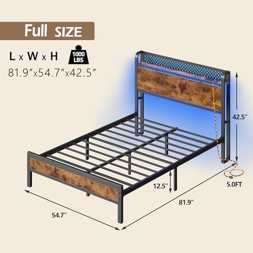Full Bed Frame with Headboard,Charging Station and LED Lights | Metal Platform Bed with Charging Station and LED Lights, Noise Free, Easy Assembly,No Box Spring Needed, Brown - size: Full