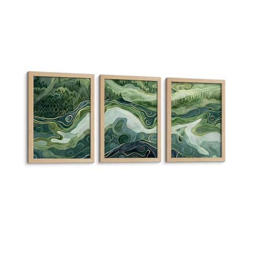3Pcs Framed Canvas Wall Art Japanese Style Green Abstract Landscape Modern Print Art Gallery Suitable For Living Room Bedroom Office Home Decor 12x16 Inches Ready To Hang - color: Japanese-2, size: 12x16 Inch